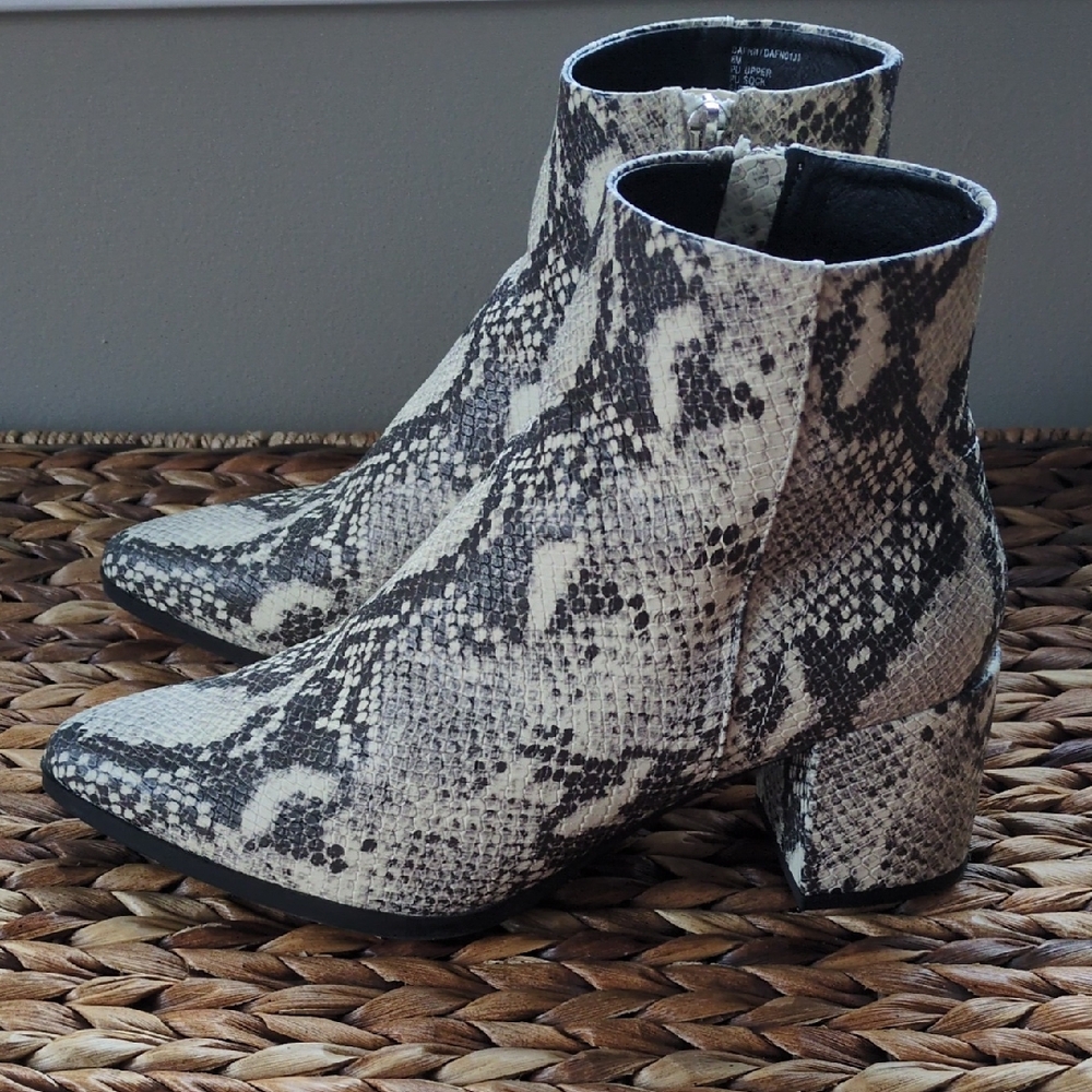 Dafni Black and White Snakeskin Ankle Booties